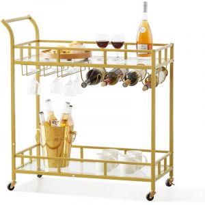 Desserte Bar 2 Niveaux 85,5 x 38 x 93 cm Chariot de Service en Acier et Verre Trempe Chargeant 55 kg Bar Roulant avec Porte-Bouteilles et