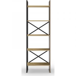 Etag&egrave;re haute, meuble &eacute;tag&egrave;re aspect bois coloris ch&ecirc;ne et m&eacute;tal noir - Longueur 58 x Profondeur 35 x Hauteur 175 cm