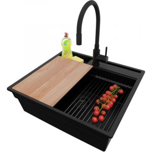 Primagran - Evier Cuisine en Granit 58x53cm, Lavabo 1 bac + Kit de Vidage + Accessoire, Évier à Encastrer au meuble 60cm - Oslo Pocket, Tout Noir