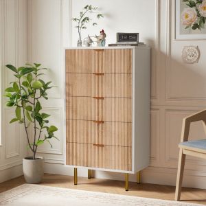 Commode 5 Tiroirs, Meuble de Rangement, Buffet Salon en Bois, Poign&eacute;es et Pieds en M&eacute;tal, Meuble De Couloir, Couleur Bois Naturel et Blanc