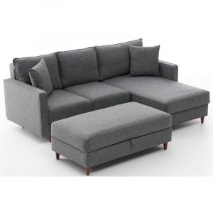 Canap&eacute; d'angle convertible avec pouf coffre tissu gris Melano 210cm Angle droit-Mod&eacute;le Angle droit