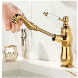 Robinet Mitigeur Lavabo avec Douchette Extractible - Or Rose/Champagne - Eau Chaude & Froide Haute Pression - Design Moderne pour Salle de Bain