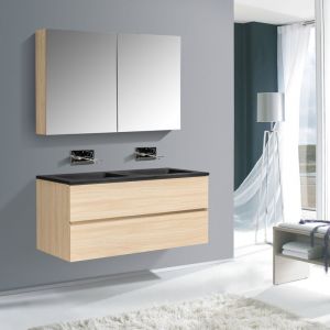 Bernstein - Meuble double vasque suspendu salle de bain mdf Ch&ecirc;ne clair, lavabo Marbre Noir mat + trou robinet & 2 tiroirs - 120x52x52cm - edge 1200