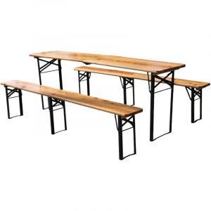 Ensemble table de brasserie pliant 220 cm, 3 pi&egrave;ces : 1 table pliante + 2 bancs, pin massif r&eacute;sistant aux intemp&eacute;ries, jusqu&rsquo;&agrave; 200 kg, id&eacute;al jardin