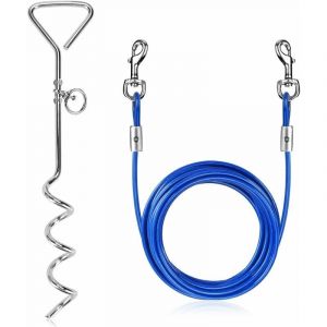 Piquets d'attache Chien Laisse d'Attache avec Ancrage Spirale, Câble d'attache pour Chien de 5M avec Piquet en Spirale de 40CM pour Chien jusqu'à 120