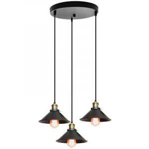 Lustre Suspension Vintage Industriel E27 Lampe à Suspension Abat-jour de Chapeau Lustre Plafonnier Intérieur 3 Luminaires - Noir