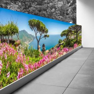 Lumaléa - Brise vue Trompe l'oeil - 110x275 cm - Vue côte Italie - Recto Imprimé / Verso BlancBâche Micro Perforée - 80% d'occultation