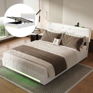 Lit Coffre 140x190 cm - Lit Double en Lin - avec T&ecirc;te de Lit Capitonn&eacute;e - LED Ajustable - USB Chargeur - Espace de Rangement Hydraulique et Sommier &agrave;