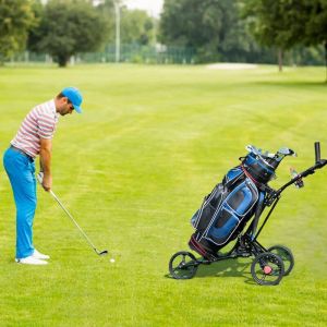 Chariot de Golf 3 Roues Pliable avec Porte-parapluie et Porte-tee Frein Au Pied et Poignée Rembourrée en Aluminium Noir design in