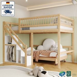 Modfu - Lit superposé 140x200 cm,Bois Certifié pefc ,Lit de sécurité renforcé avec barrières hautes, sommier à lattes, échelle de sécurité avec