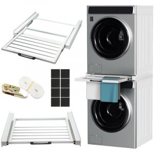 Wolketon Kit de superposition universel 2 en 1 pour lave-linge/s&egrave;che-linge Avec Porte-serviettes Blanc Standard 60 cm avec &eacute;tag&egrave;re coulissante