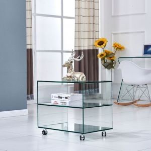 Table basse rectangulaire Corniolo en verre tremp&eacute; avec roulettes 60x40x53 cm
