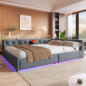 Canap&eacute;-lit adulte 140x200cm, lit capitonn&eacute; LED, port USB + Type-C, sommier &agrave; lattes, sans matelas, lin, gris