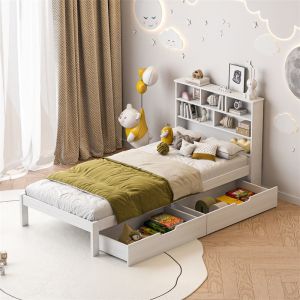 Fortuna Lai - Lit enfant 90x200 cm avec sommier en bois massif, 2 tiroirs, tête de lit ouverte avec rangement, lit simple pour enfants et adolescents