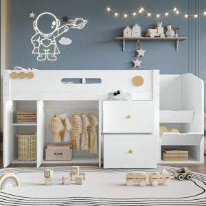 Lit mi-hauteur enfant 90x200 - Structure pin/MDF avec penderie, 2 tiroirs et échelle rangement blanc + naturel (sans Matelas)
