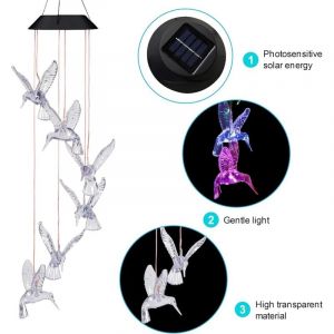 Carillon solaire colibri d'ext&eacute;rieur - Mobile colibris solaire &agrave; LED, &eacute;tanche, couleurs changeantes - Cadeau romantique pour maman, d&eacute;coration pour