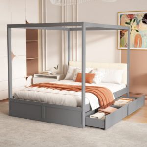 Lit adulte &agrave; baldaquin 140x200 cm avec 2 tiroirs et t&ecirc;te de lit rembourr&eacute;e, en bois, sans matelas, gris