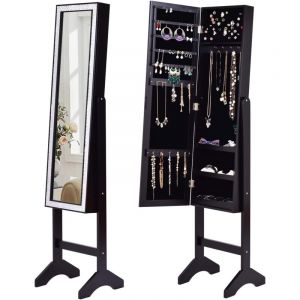 Armoire à Bijoux sur Pieds avec Miroir Pleine Longueur hd, Organisateur de Bijoux à Angle Réglable avec Cadre Strass, Grande Capacité pour Colliers