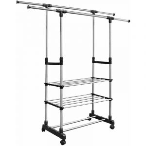 Qersta - Porte-manteau extensible à double barre, porte-manteau en métal réglable en hauteur, étagère inférieure à 3 niveaux, armoire avec roues, noir