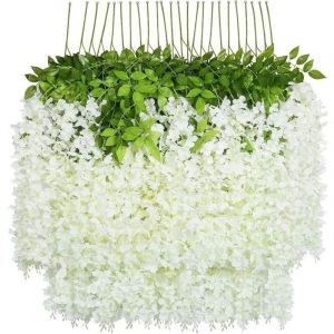 Fleurs artificielles 24 Pcs/100cm Glycine Artificielle Guirlande de Fleurs Artificielles Blanche Feuilles Vertes avec Fleurs Plastiques Suspendues