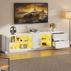 Hauss Spole - Meuble tv led blanc, pour &eacute;cran 65 pouces, 1 porte, 2 tiroirs, &eacute;tag&egrave;re en verre, meuble t&eacute;l&eacute; de salon, 160 &times; 40 &times; 52 cm