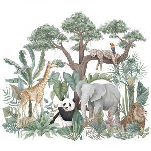 Autocollants muraux animaux de la jungle de dessin anim&eacute;, &eacute;l&eacute;phant girafe panda l&eacute;opard plantes vertes animaux autocollants de papier peint