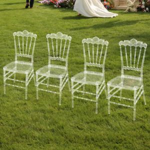 Lot de 4 chaises en acrylique cristal transparent, dossier couronn&eacute;, chaises de salle &agrave; manger empilables transparentes pour mariages, banquets,