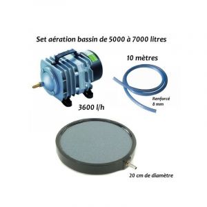 Le Poisson Qui Jardine - Set a&eacute;rateur bassin de jardin de 5000, 6000 et 7000 l. Pompe &agrave; air bassin + 1 bulleur disque 20 cm