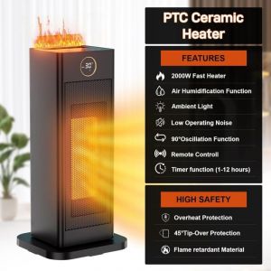 Chauffage d'appoint 2000W avec Humidificateur d'air, Chauffage Electrique Soufflant avec thermostat, Oscillant 90°, Minuterie 1-12H, silencieux, ECO