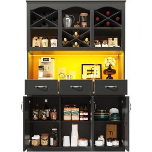 Colonne de cuisine 130x45x180cm - 3 portes + 3 tiroirs + 10 &eacute;tag&egrave;res - meuble haut - avec &eacute;clairage LED - casier &agrave; vin - Noir