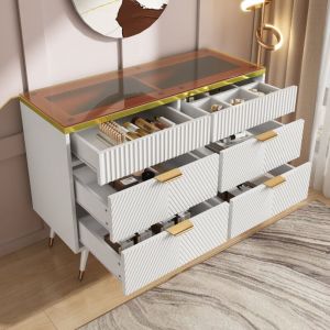 Okwish - Commode balnche avec plateau en verre ambré à 6 tiroirs, armoire/buffet de rangement, 120x40x76 cm