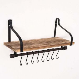 &Eacute;tag&egrave;res murales pour cuisine Organisateur de cuisine en bois rustique avec rail en bois et 8 crochets amovibles pour organ