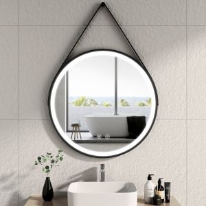 Emke - Miroir lumineux salle de bain rond diamètre 80cm cadre noir avec lanière réglable, Miroir led avec Interrupteur Tactile, Anti-buée, Miroir