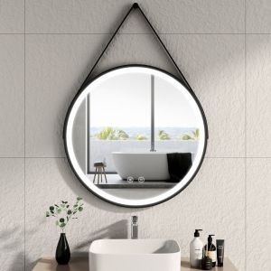 Emke - Miroir lumineux de salle de bain rond Cadre Noir et bandoulière réglable, Interrupteur Tactile Anti-buée Dimmable - Diamètre 80cm Lumière