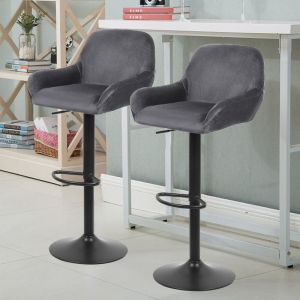 Lot de 2 Tabouret de Bar,en velours,Reglable en Hauteur et Pivotant,avec Dossier et Accoudoirs, gris foncé