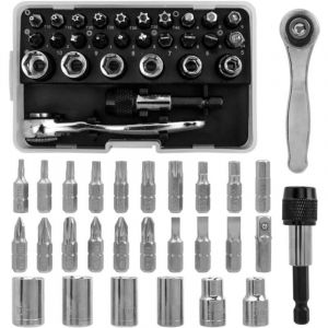Kit de 28 Mini Cl&eacute; &agrave; Cliquet Douilles Embouts de Tournevis et Porte-Embout, Cl&eacute; &agrave; Cliquet 1/4" R&eacute;versible 72 Dents &agrave; D&eacute;gagement Rapide avec Douilles