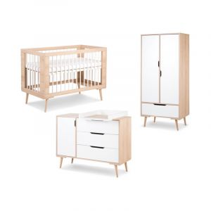 Chambre compl&egrave;te lit b&eacute;b&eacute; - commode &agrave; langer - armoire LittleSky by Klups Sofie H&ecirc;tre et blanc