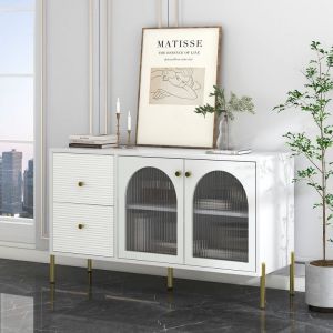 Aiducho - Buffet Blanc Et Doré De 120 Cm De Long Avec Étagères Réglables Et Plateau En Marbre, Meuble Avec 2 Portes Et 2 Tiroirs, Meuble Avec Portes