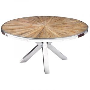 Table de salle à manger RAFTA – Bois de teck et verre trempé – Pied chromé – 120 cm – Ronde – Style contemporain