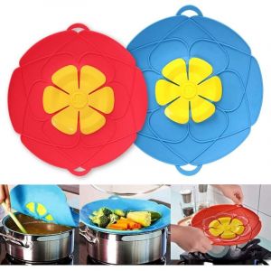 Lot de 2 bouchons anti-déversement en silicone pour poêles et casseroles Bleu et rouge
