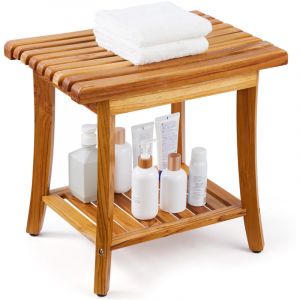 VEVOR Banc de douche en teck, 500 x 363 x 455 mm, tabouret de douche en bois impermeable avec etagere de rangement, coussinets antiderapants, 180 kg,