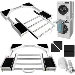 Kit de Superposition Lave Linge Seche Linge - Cadre Intermédiaire Universel avec Tablette Coulissante et Corde à Cliquet - Accessoires pour