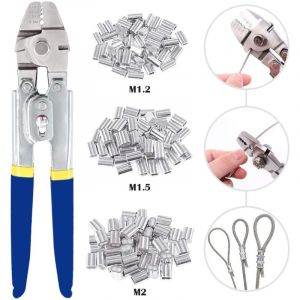 Outil de sertissage de c&acirc;bles m&eacute;talliques pour cable m&eacute;tallique jusqu'&agrave; 2,2 mm avec 150 manchons de sertissage double barillet en aluminium de 3