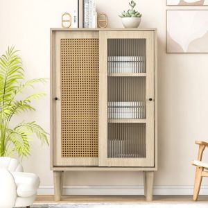 Urban Meuble - Buffet effet bois avec portes en rotin portes coulissantes en verre bamphuds
