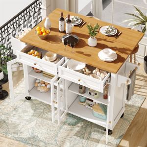 Desserte de cuisine avec table bar, 5 roulettes, 2 freins, MDF blanc, 140x72,5x90 cm, plateau extensible