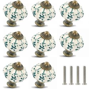 Cyslmuk - Lot de 8 boutons en céramique ivoire et verte - boutons d'armoire citrouille boutons de commode rétro - tirettes de tiroir vintage avec vis
