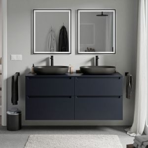 Meuble sous vasque suspendu salle de bain mdf & plan vasque Bleu nuit mat, tiroirs passe-main pivotants - 120x46x62cm - vireo Bleu nuit mat, Bleu