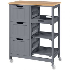 Desserte à roulettes avec 3 Tiroirs Étagères Plan de Travail Îlot Central en Bois Moderne Desserte de Cuisine Salon Balcon Bar 67×37×84,5cm Gris