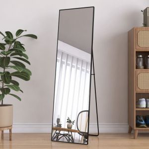 Miroir sur pied 140x40 cm, miroir de sol sur toute la longueur, miroir mural, avec cadre en métal, crochets, salon, chambre, dressing, salle de bain