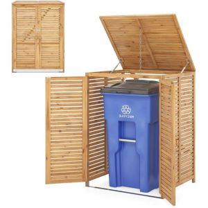 Abri &agrave; Poubelles en Bois, Cache Poubelle 120 L, Abris Poubelles de Jardin avec Couvercle Ouvrant, Doubles Portes & Verrou Verrouillable, 86 x 70 x